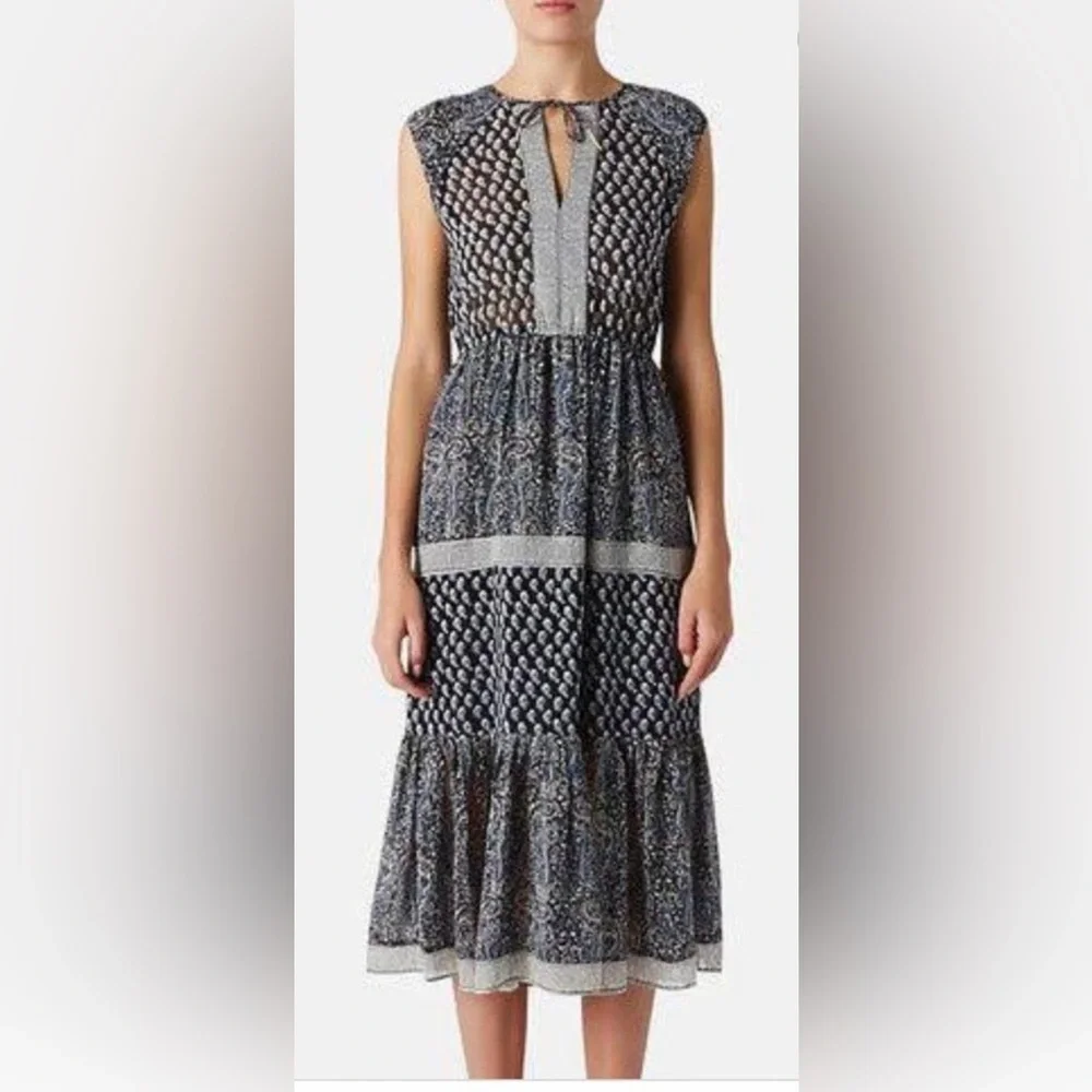 ULLA JOHNSON: Silk Georgette Tropez Paisley Dress in Navy, Size 6 - Picture 3 of 10
